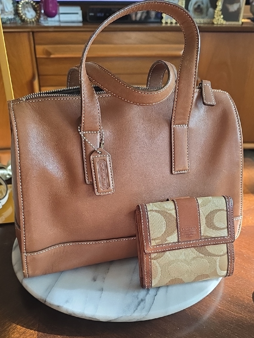 Coach 2000 Vintage Hampton Statchel Brown Leather Tote Signature Canvas Wallet